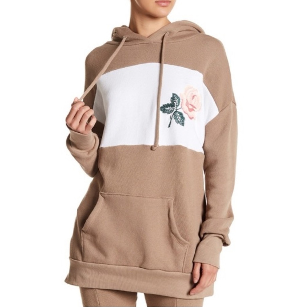 Wildfox Brown & White Rose Flower Embroidered Oversized Hoodie